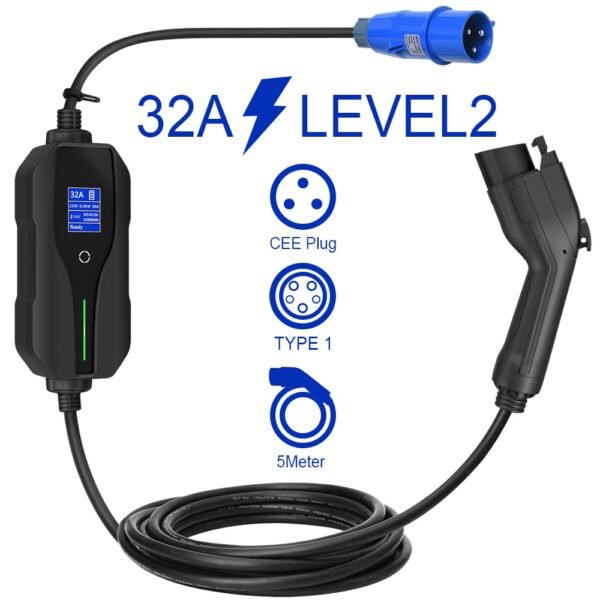 Type1 Plug 32A Type1 Protable EV Charger EU Standard CEE Plug Electric Car Current Adjustable EV Charging Cable 5M