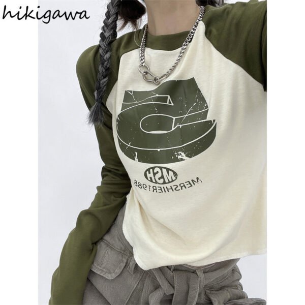 Crop Tops Korean T-shirts for Women O-neck Long Sleeve Contrast Color Casual Woman Tshirts Y2k Clothes 2022 Blusas Mujer De Moda - Image 2
