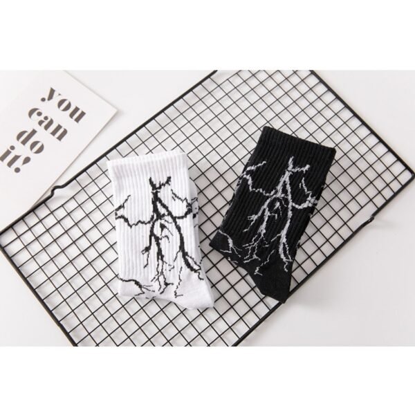 LONCENXIS Men's Cotton Sock Street Style Happy Man Black White Lightning Patterned Hip Hop Sock - Image 2
