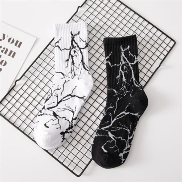 LONCENXIS Men's Cotton Sock Street Style Happy Man Black White Lightning Patterned Hip Hop Sock